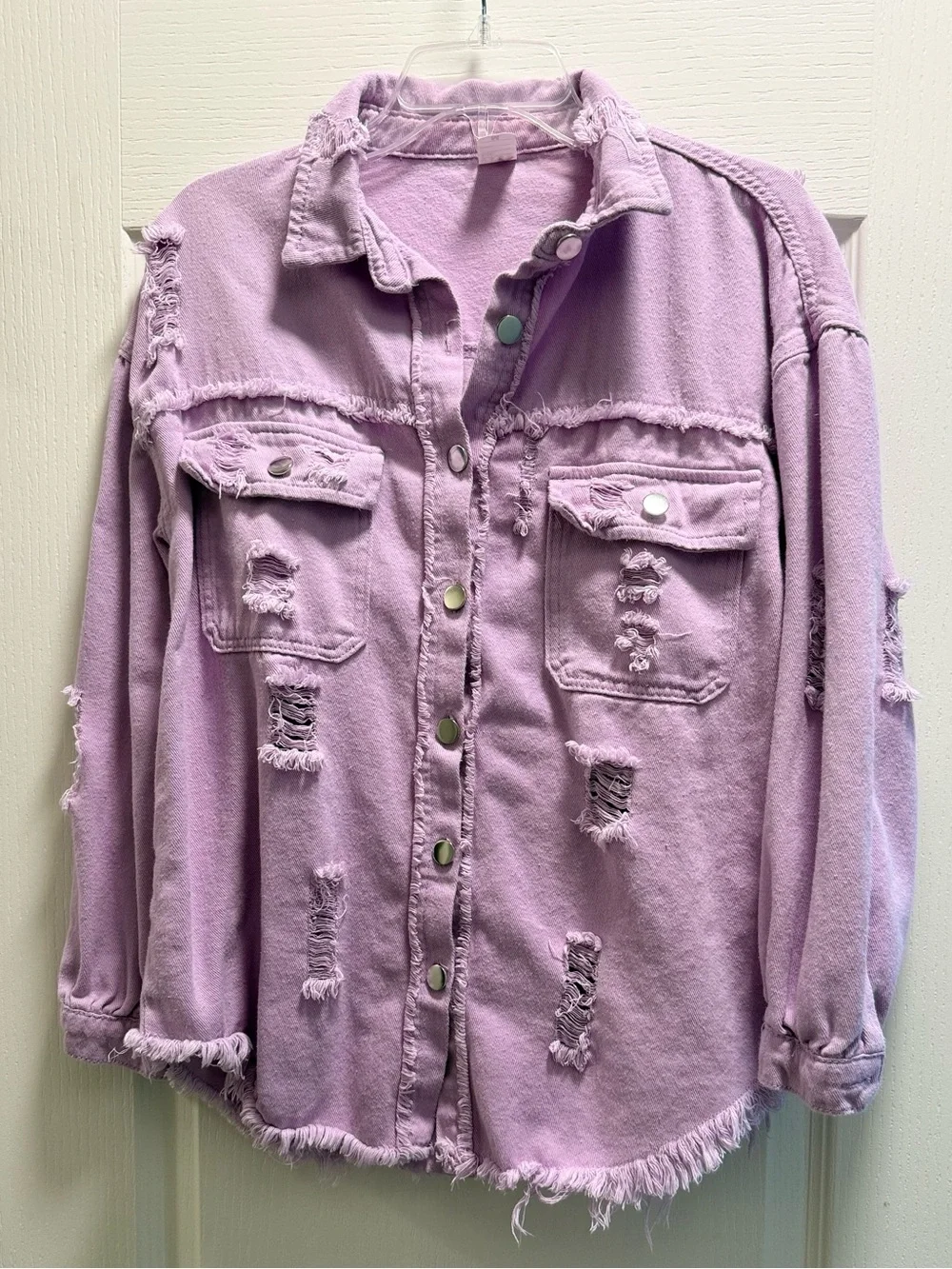Lavender Distressed Jean Shacket - Picture 1 of 5